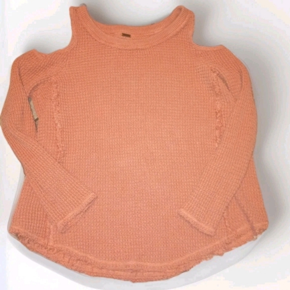 Free People Women's Sunset Orange Waffle Knit Cold Shoulder Sweater Small - Picture 2 of 6